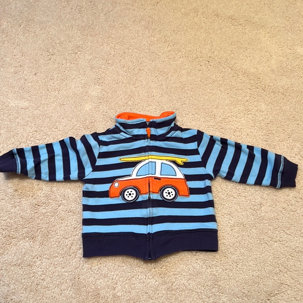Blue striped zip up sweatshirt, 9 months